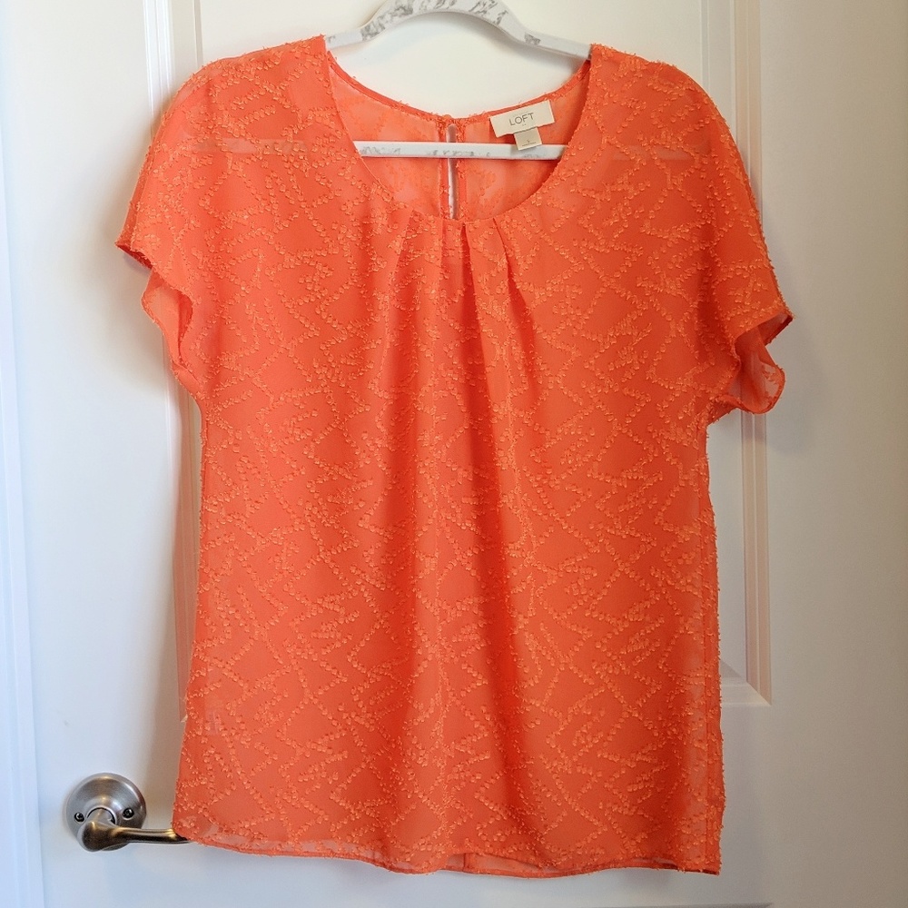 Ann Taylor Loft Pleated Blouse Sheer Orange Small